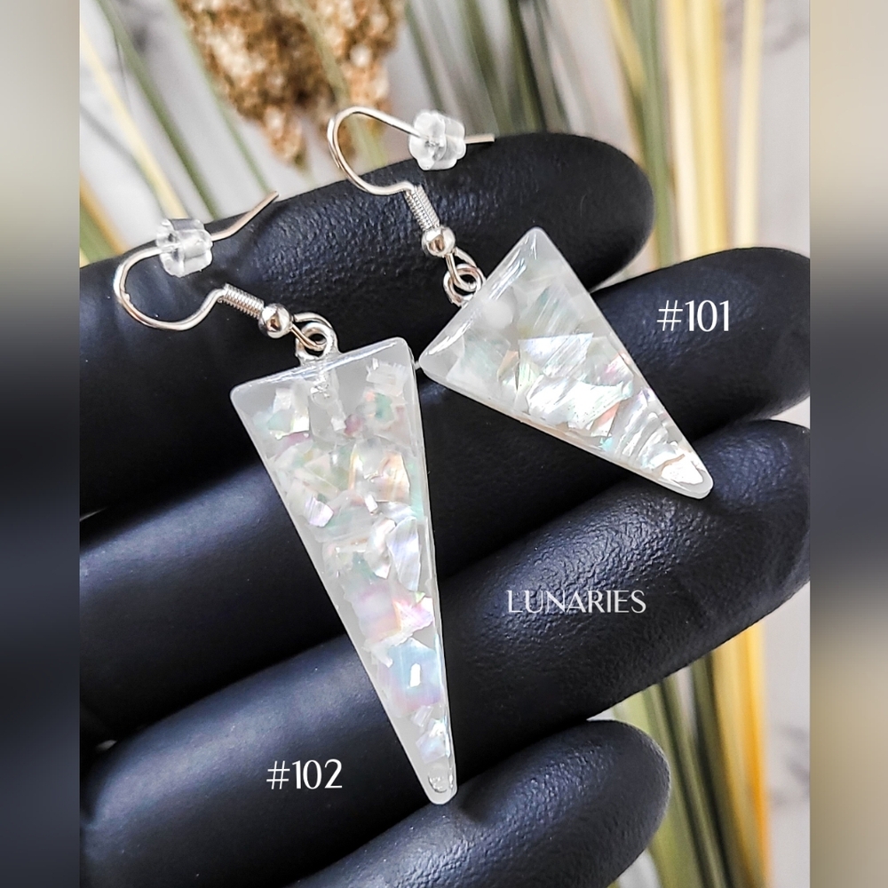 Mother Of Pearl Resin Earrings, Iridescent Triangles, Hypoallergenic - Picture 11 of 12